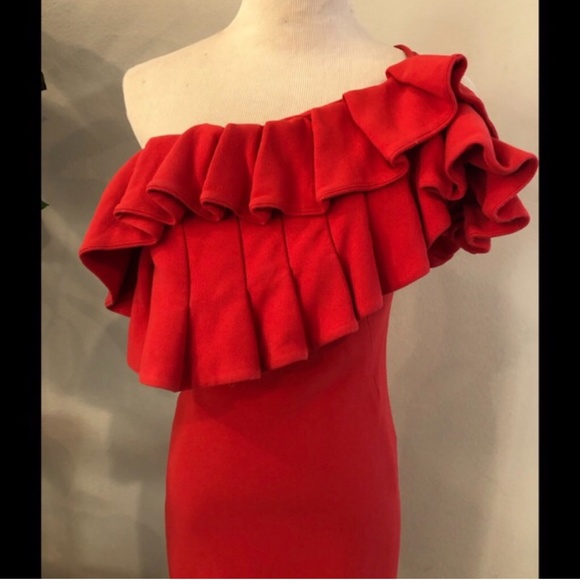 Red one shoulder ruffle dress - Picture 6 of 6